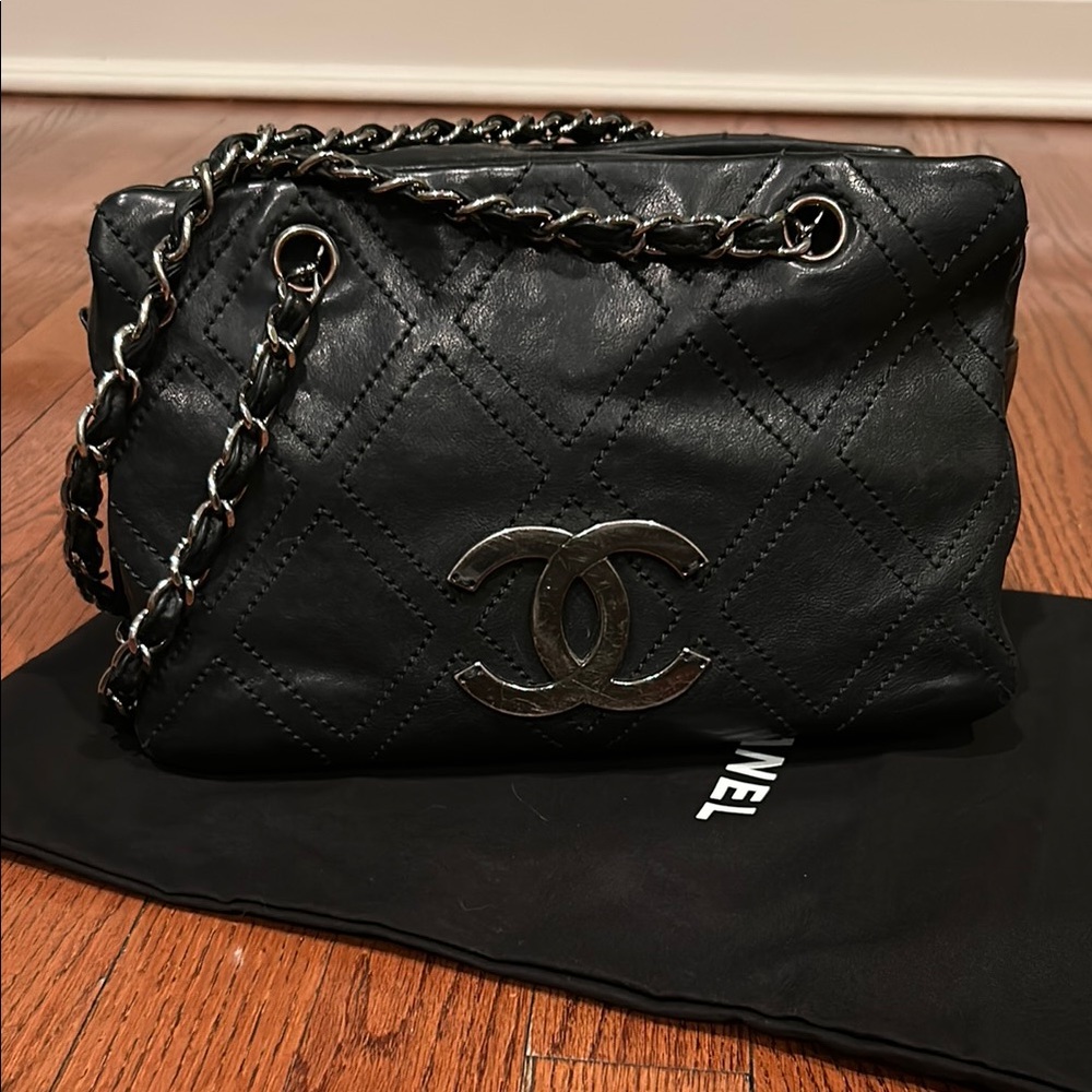 Chanel Black Quilted Distressed Leather Chain Bag